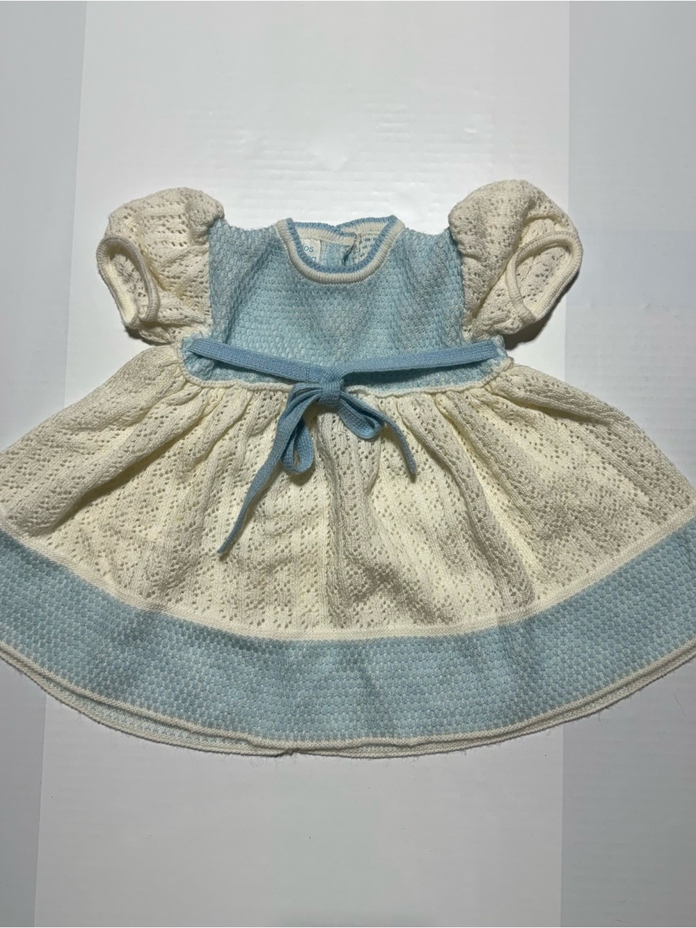 Vintage Tejidos Cristina Blue White Knit Dress Heirloom Spanish Style 0-6M
